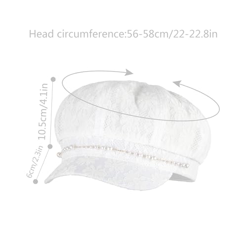 Women Pearl Chain Lace Cotton Blend Newsboy Cap Visor Paperboy Painter Hat - color: White