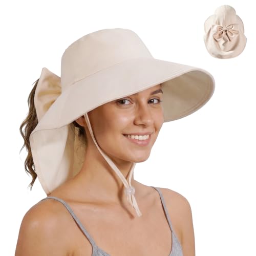 Womens Ponytail Hole Sun Hat with Neck Flap Outdoor UPF 50+ - color: Beige