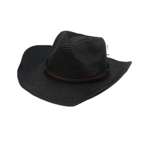 Straw Cowboy Hats Straw Cowgirl Hat for Women Men Wide with Shapeable Wide Brim Foldable Vacation Beach Sun Hat - color: Black