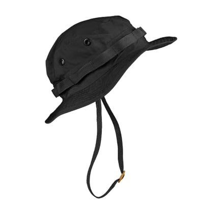 Mil-Tec Unisex Cotton Ripstop Boonie Hat - Durable Lightweight Tactical Outdoor Vented Wide Brim Hat w/Adjustable Chin Strap - color: Black, size: Medium