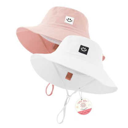 Kids Sun Hat Smile Face Bucket Hat Toddler Hat Wide Brim Adjustable Strap - color: Pink+white, size: 3-8T