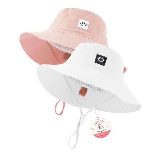 Kids Sun Hat Smile Face Bucket Hat Toddler Hat Wide Brim Adjustable Strap - color: Pink+white, size: 3-8T
