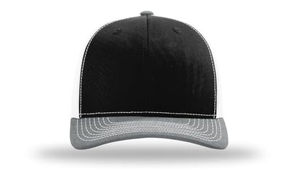 Richardson 112 Trucker Hat - Premium Blank Baseball Cap, Adjustable Snapback Hat - Structured Six Panel Richardson Blank Hats - color: Black/White/ Heather Grey