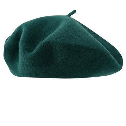 Women French Beret Hat Solid Artist Hat Wool Beret Winter Warm Beanie Cap - color: Dark Green