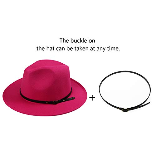 DRESHOW Women Classic Felt Fedora Wide Brim Floppy with Belt Buckle Panama Hat - color: 1 Pack: Felt Fedora Hot Pink