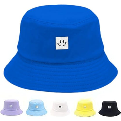 Kids Sun Hat Smile Face Bucket Hat for Girls Boys Summer Sun Protection Cotton Unisex Beach Cap - color: Sky Blue