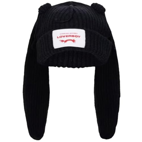 Womens Beanie Hat Winter Cuffed Knit Hats with Cat Ears Thick Warm Y2k Skull Caps Mens Ski Hat - color: Black-ear