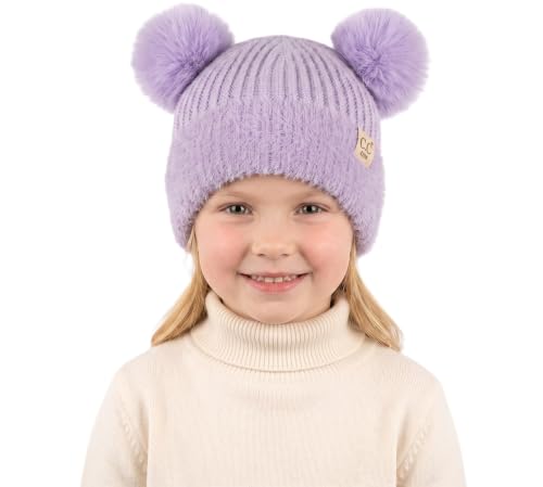 C.C Kids Ear Flap Fur Pom Beanie for Boys Girls - Comfortable Soft Warm Children Youth Knit Skully Hat with Faux Fur Pom - color: Double Pom - Lavender