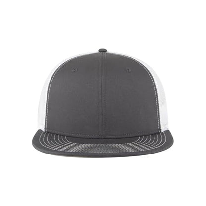 Ashen Fane 6 Panel Mid Profile Mesh Back Structured Trucker Adjustable Snapback Hat - color: Ch.gry/Ch.gry/Wht