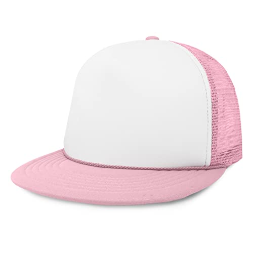 DALIX Flat Billed Trucker Hat Mesh Back S M L Adjustable Cap Solid Two Toned Snapback - color: Light-pink-white, size: One Size