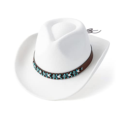 Western Cowboy Hat Felt Wide Brim Women Men Cowgirl Hats - color: B Belt White