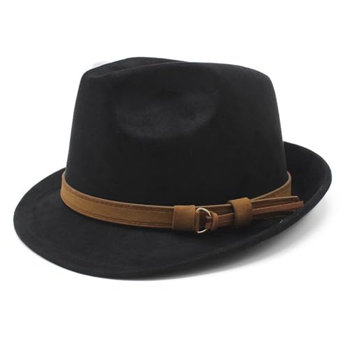 Aroncent Mens Classic Manhattan Fedora Hat: Vintage Short Brim Trilby Jazz Hat with Brown Leather Band - Business Casual Wear - color: Black