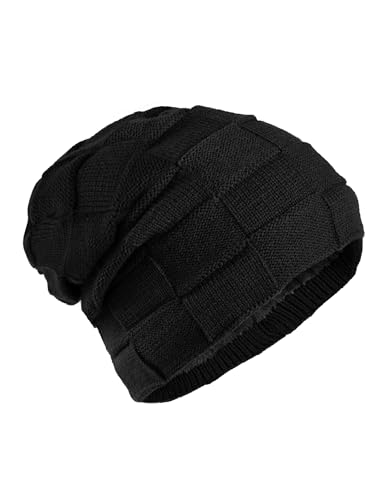 Slouchy Beanie for Men Women, Light Weight Soft Fuzzy Winter Hat, Stretchy Oversize Casual Basic Hat for Hiking - color: Black