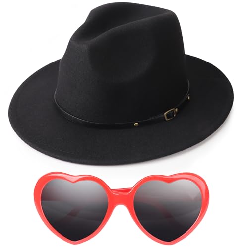 DRESHOW Women Classic Felt Fedora Wide Brim Floppy with Belt Buckle Panama Hat - color: 01 Set: Felt Fedora Black + Heart Eyeglasses + Eyeglass Case