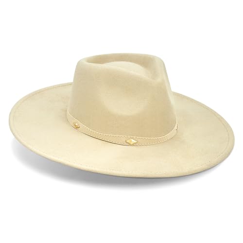 FLUFFY SENSE. Big Wide Brim Boho Western Hat for Women and Men - Felt Rancher Fedora Hat with 4 inches Flat Brim - color: Cream Beige, size: Large