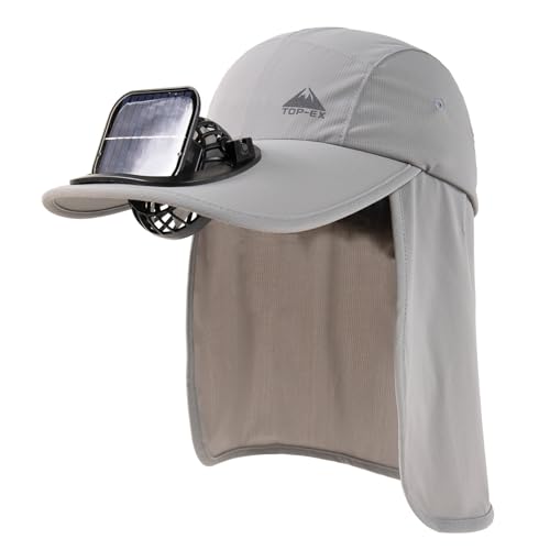 TOP-EX UVCoolix™ Cooling Neck Flap Baseball Sun Cap with Solar Fan - color: Light Grey, size: X-Large-XX-Large