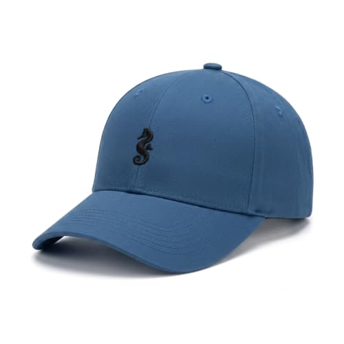 Wishper Studio Embroidered Baseball Cap for Women Men, Cotton Hat with Adjustable Velcro, Minimalist Animal Embroidery - color: Blue Seahorse