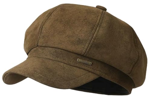 Womens 8 Panel Suede Newsboy-Cap Fall Winter Cabbie Beret Cap Retro British Gatsby Ivy Painter Visor Hat - color: Brown