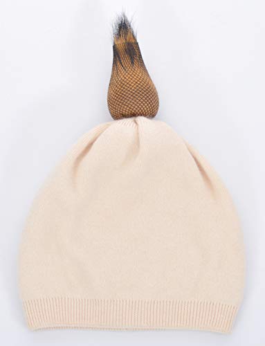 Women's Double Layer Winter Slouchy Knit Beanie Hat with Real Fur Pom Pom - color: Beige