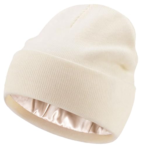 Satin Lined Knit Beanie Hat-100% Cotton Winter Hats for Women Men - color: 1-beige