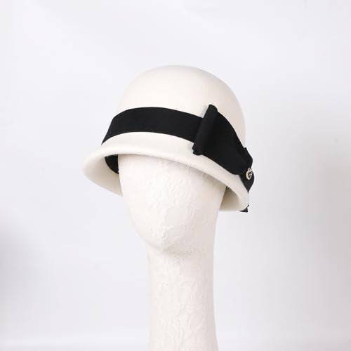 Women Solid Color 100% Wool Winter Hat Women Cloche Bucket Bowler with Bowknot - color: White With Black Bow