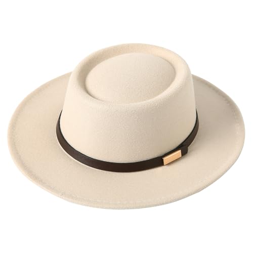 Lanzom Women Vintage Wide Brim Warm Wool Fedora Hat Belt Panama Hat Felt Jazz Hat - color: A-beige