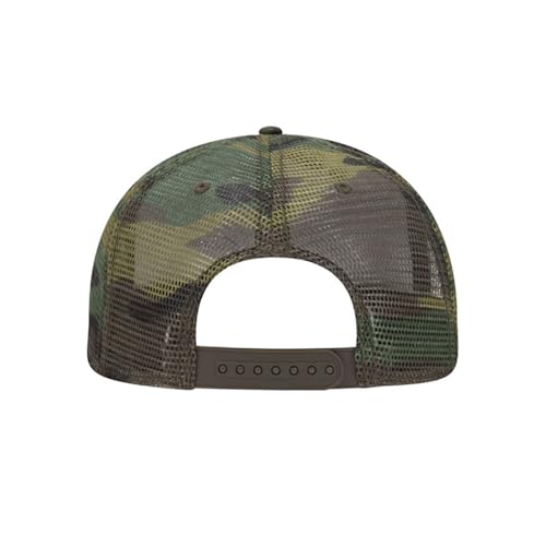 Ashen Fane 6 Panel Mid Profile Mesh Back Structured Trucker Adjustable Snapback Hat - color: Camo Dk.grn/Brn