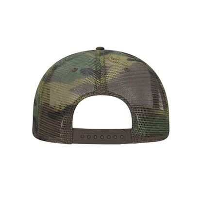 Ashen Fane 6 Panel Mid Profile Mesh Back Structured Trucker Adjustable Snapback Hat - color: Camo Dk.grn/Brn