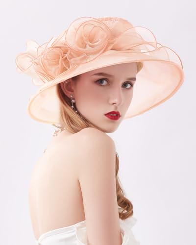 Women Derby Fascinator Hat Organza Church Wedding Hats Wide Brim Cocktail Tea Party Hat - color: 12 Light Pink