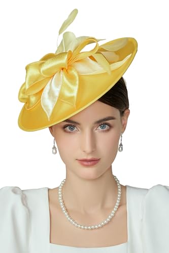 BABEYOND Derby Hats for Women Wide Brim Flower Feather Tea Party Fascinator - color: Yellow