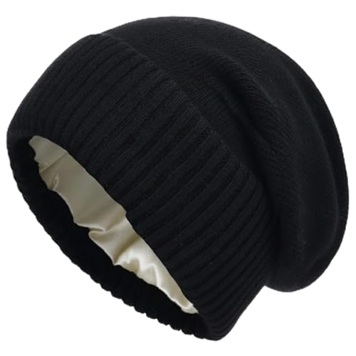 Facecozy Satin Lined Beanie for Women Soft Satin Lining Slouchy Winter Hats - color: Black