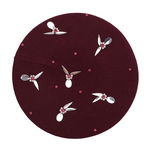 ZLYC Women French Beret Hat Reversible Knit Thickened Warm Artist Cap - color: Paillettes Bunny Burgundy