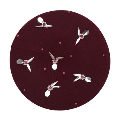ZLYC Women French Beret Hat Reversible Knit Thickened Warm Artist Cap - color: Paillettes Bunny Burgundy