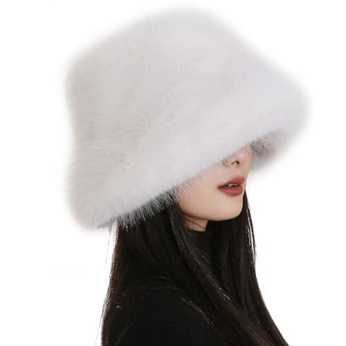 Women's Oversized Faux Fur Bucket Hat, Fluffy Plush Winter Hat, Solid Color - color: White