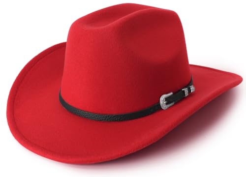 DRESHOW Western Cowboy Hat for Women Men Wide Brim Felt Fedora Cowgirl Hats - color: Bright Red, size: Large