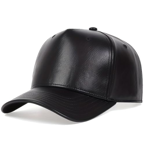 Leather Baseball Cap, Adjustable PU Leather Outdoor Sport Caps for Men Women - color: Black