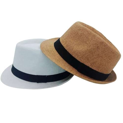 2 Pack Short Brim Fedora Hats for Men Women 1920s Unisex Party Costume Hats - color: White+khaki 02, size: 7 1/2-7 5/8