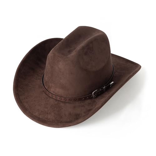 Western Cowboy Hat for Women Men Retro Suede Hat - color: Coffee-small Flower Belt