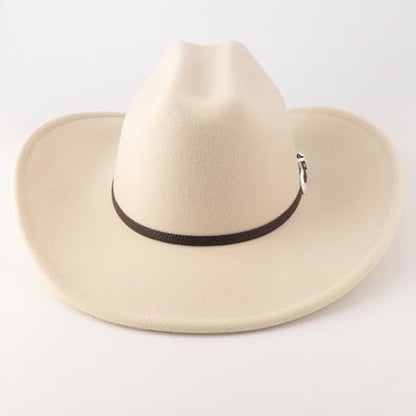AQOKKA Western Cowboy Hats for Women Classic Felt Wide Brim Fedora Hat with Belt Buckle Retro Panama Hat Unisex Rolled up Cap - color: 1 Pc Fedora Hat a : Beige a