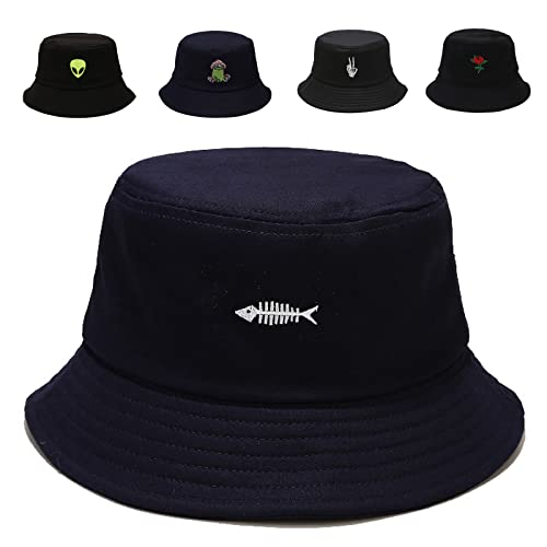 Cotton Bucket Hat for Women Men Summer Travel Sun Beach Bucket Cap, Unisex Outdoor Fisherman Hat - color: Fish Bones Black