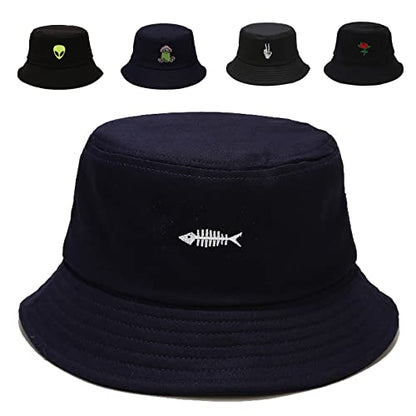 Cotton Bucket Hat for Women Men Summer Travel Sun Beach Bucket Cap, Unisex Outdoor Fisherman Hat - color: Fish Bones Black