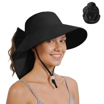 Womens Ponytail Hole Sun Hat with Neck Flap Outdoor UPF 50+ - color: Black
