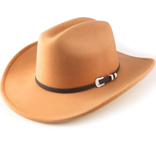 AQOKKA Western Cowboy Hats for Women Classic Felt Wide Brim Fedora Hat with Belt Buckle Retro Panama Hat Unisex Rolled up Cap - color: 1 Pc Fedora Hat : Camel
