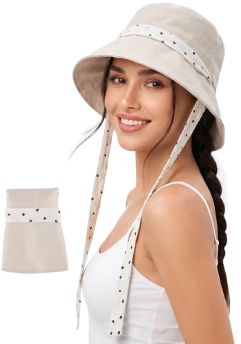 Babalet Linen Blend Sun Hat for Women Wide Brim Beach Bucket Hat - color: Beige- Ponytail Opening