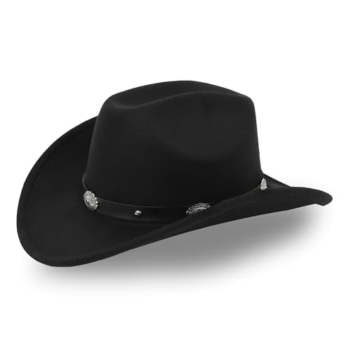 Classic Western Cowboy hat for Men Women Wide Brim Cowgirl Hat - color: Black-vintage Buckle Belt