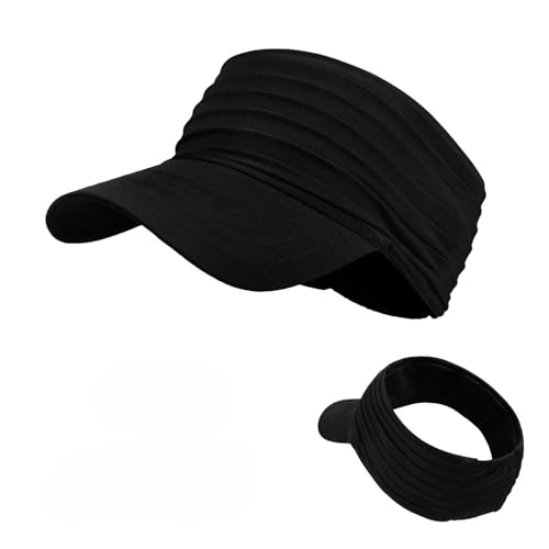Visor Hats for Women Men Beach Sun UV Protection Wide Brim Lightweight with Ponytail - color: Black
