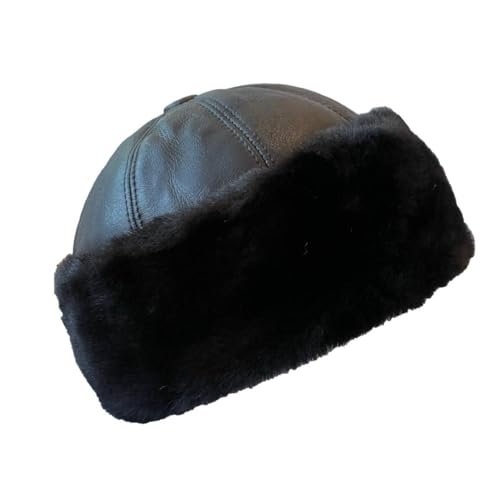 Lukkizara Winter Leather Hat Shearling Sheepskin Fur Beanie Hat - color: Black, size: Large