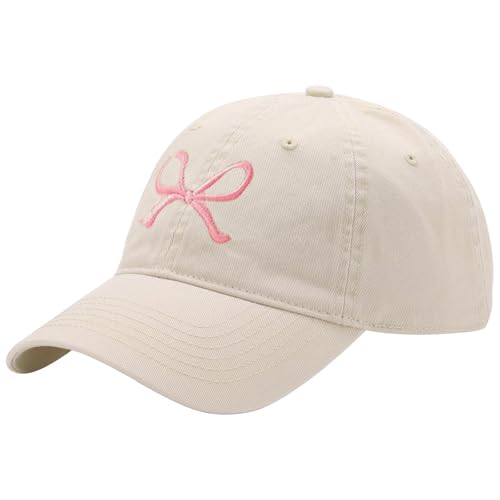 Unisex Bow Embroidery Baseball Cap Adjustable Outdoor Mom Sun Hat - color: Beige/Pink