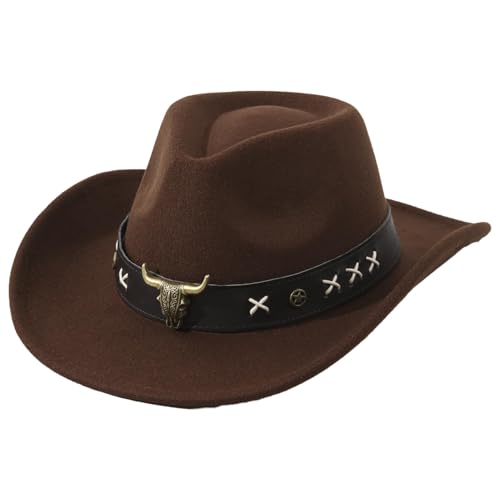 Cowboy Hat for Women and Men, Adjustable Felt Wide Brim Western Cowboy Hat for Parties, Size:M - color: Brown3