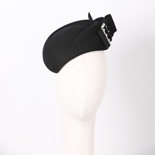 Women Wool Derby Hat for Women Pillbox Hat Wedding Hats Felt Bowknot Fascinators - color: 413 Black